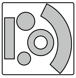 Abstrakte Formen: Ring, zwei Kreise, Rechteck und gebogener Streifen in quadratischem Rahmen.